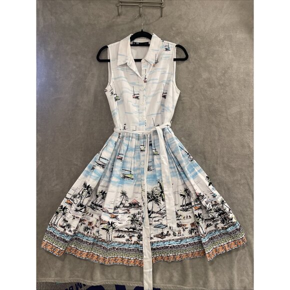 LF LESLIE FAY RETRO WATER COLOR ISLAND PRINT SLEEVELESS SHIRT DRESS WOMEN SZ 10 - Picture 2 of 16